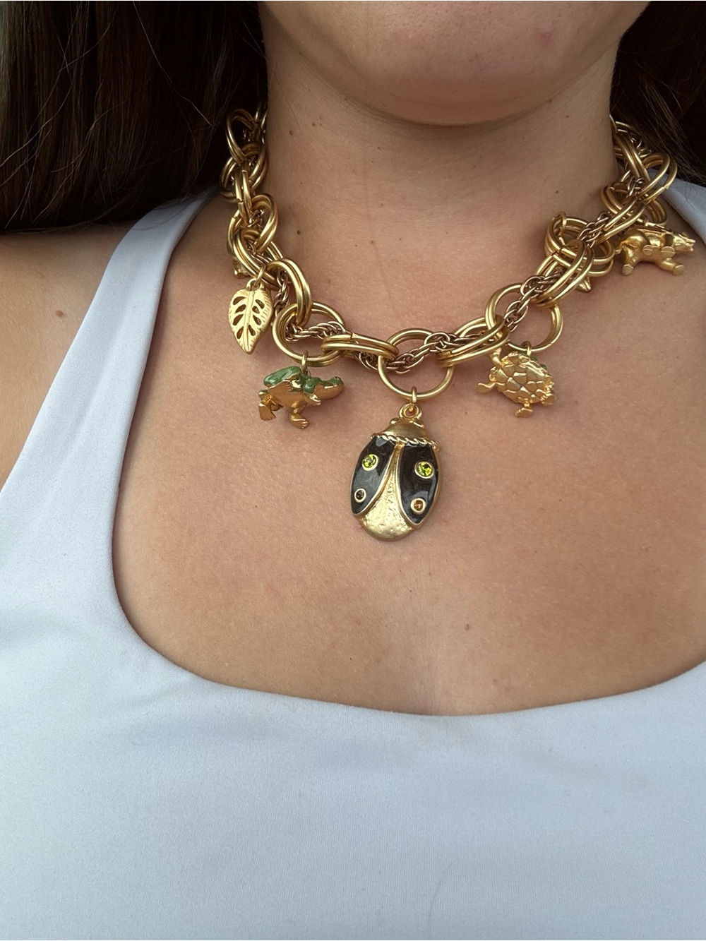 Chico's Gold-Tone Ladybug Charm Necklace with Black and Green Accents